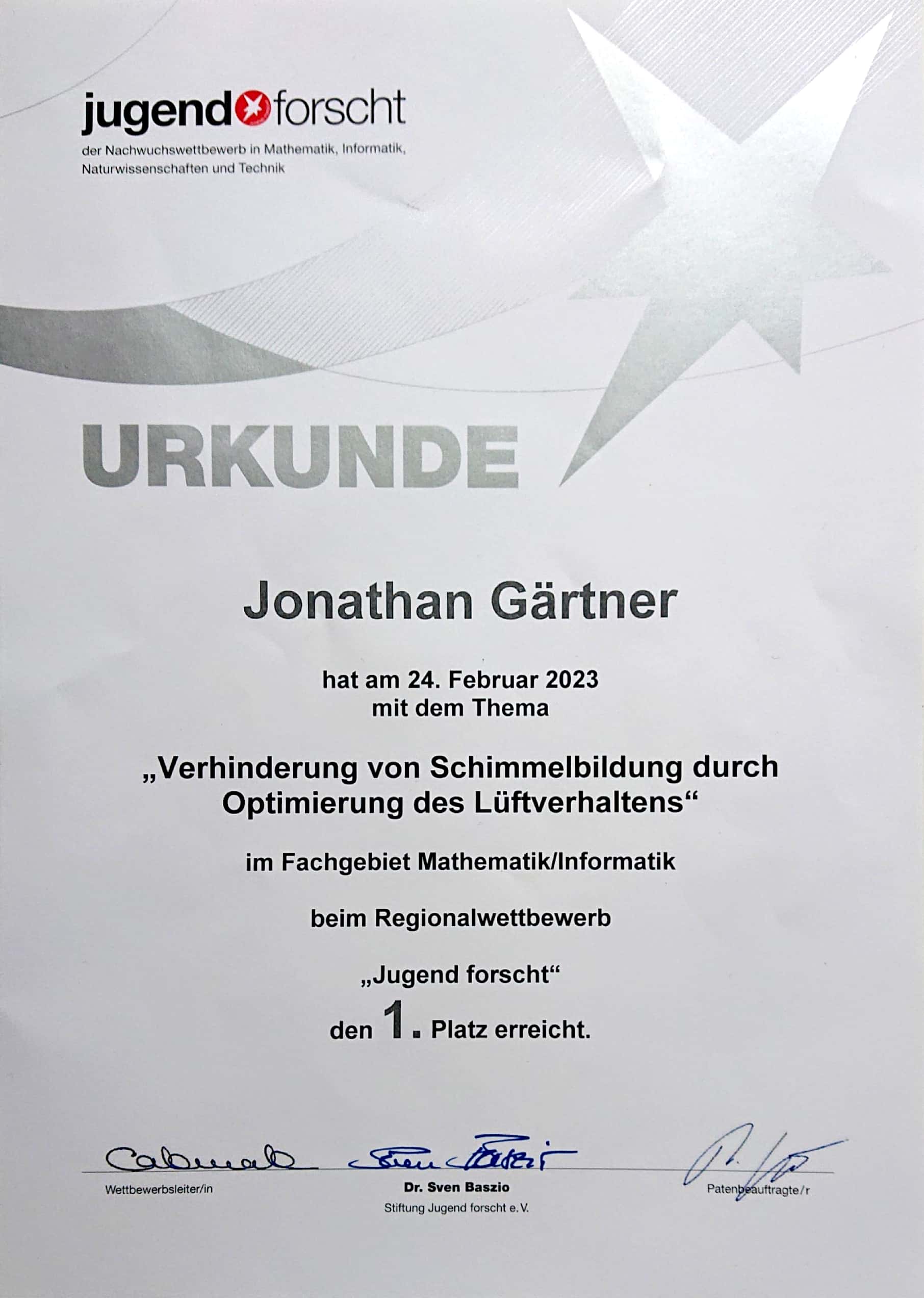 2023 Jufo Regionalwettbewerb 1. Platz Urkunde
